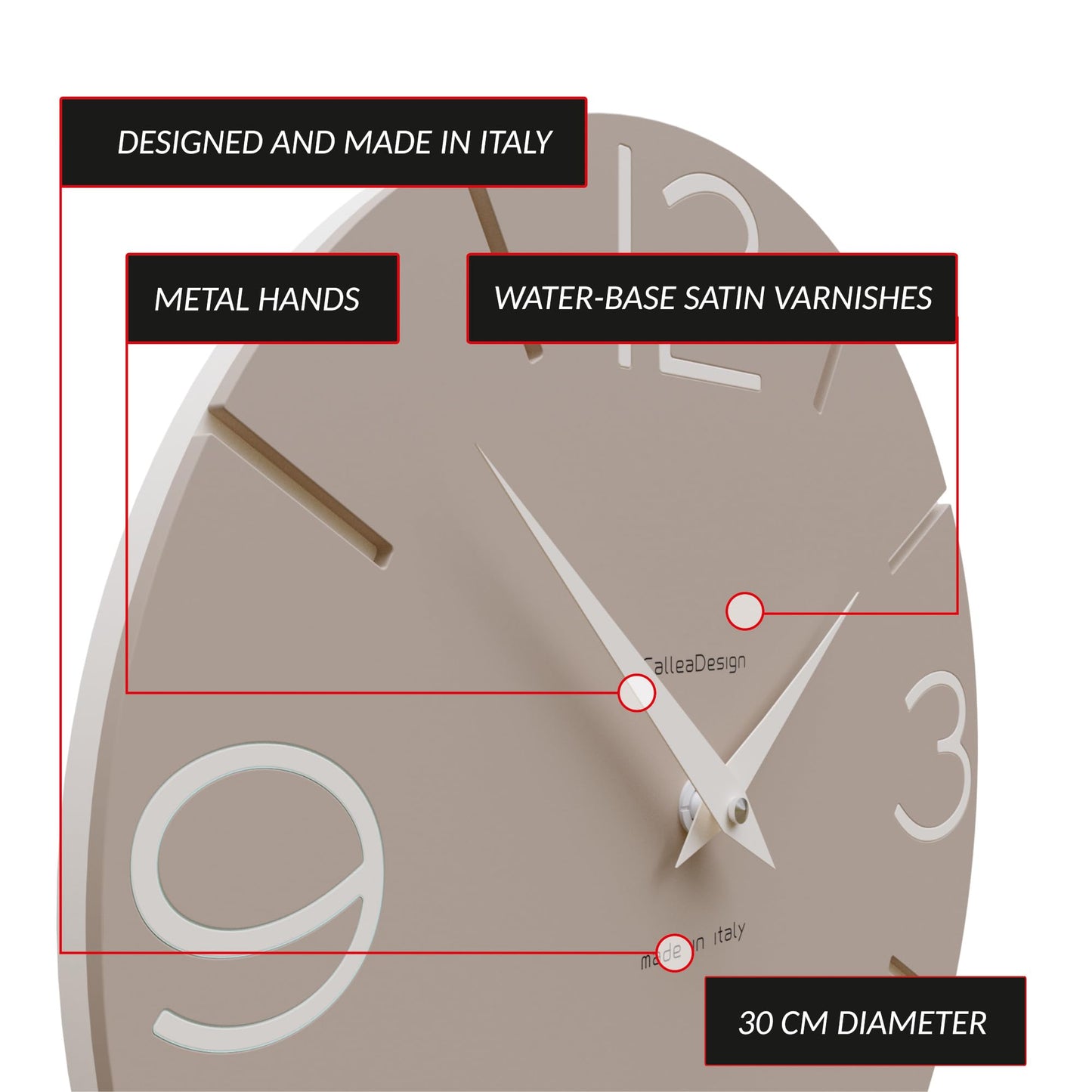 „CalleaDesign Wanduhr Smile 30 cm – handgefertigt in Italien, Milchkaffee/Leinen“
